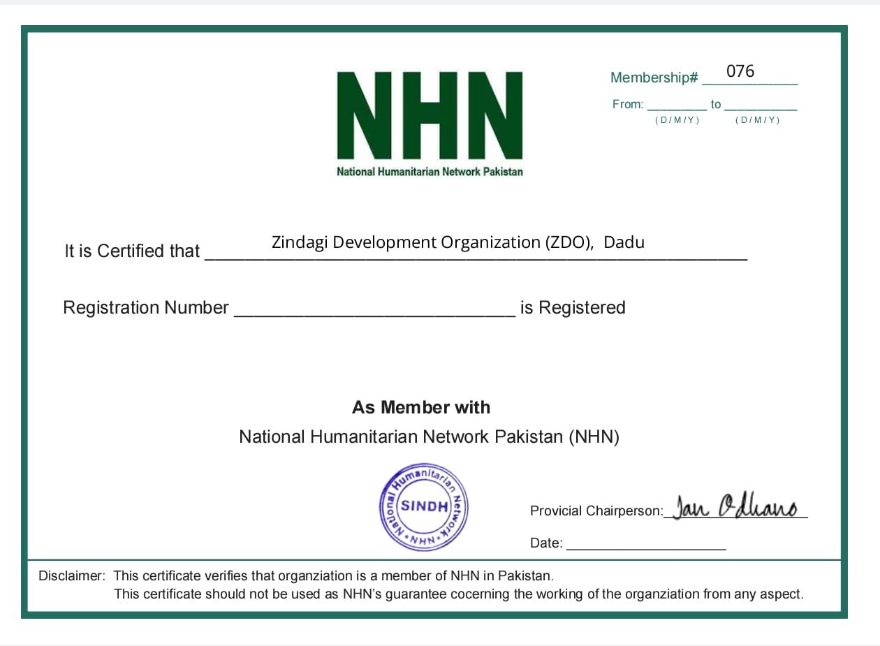 National Humanitarian Network Pakistan membership certificate